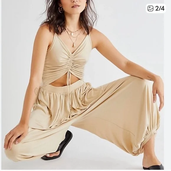 Free People FP Beach Weekend Chill-Out Ruched Harem Cut Out Jumper jumpsuit S - Picture 2 of 9